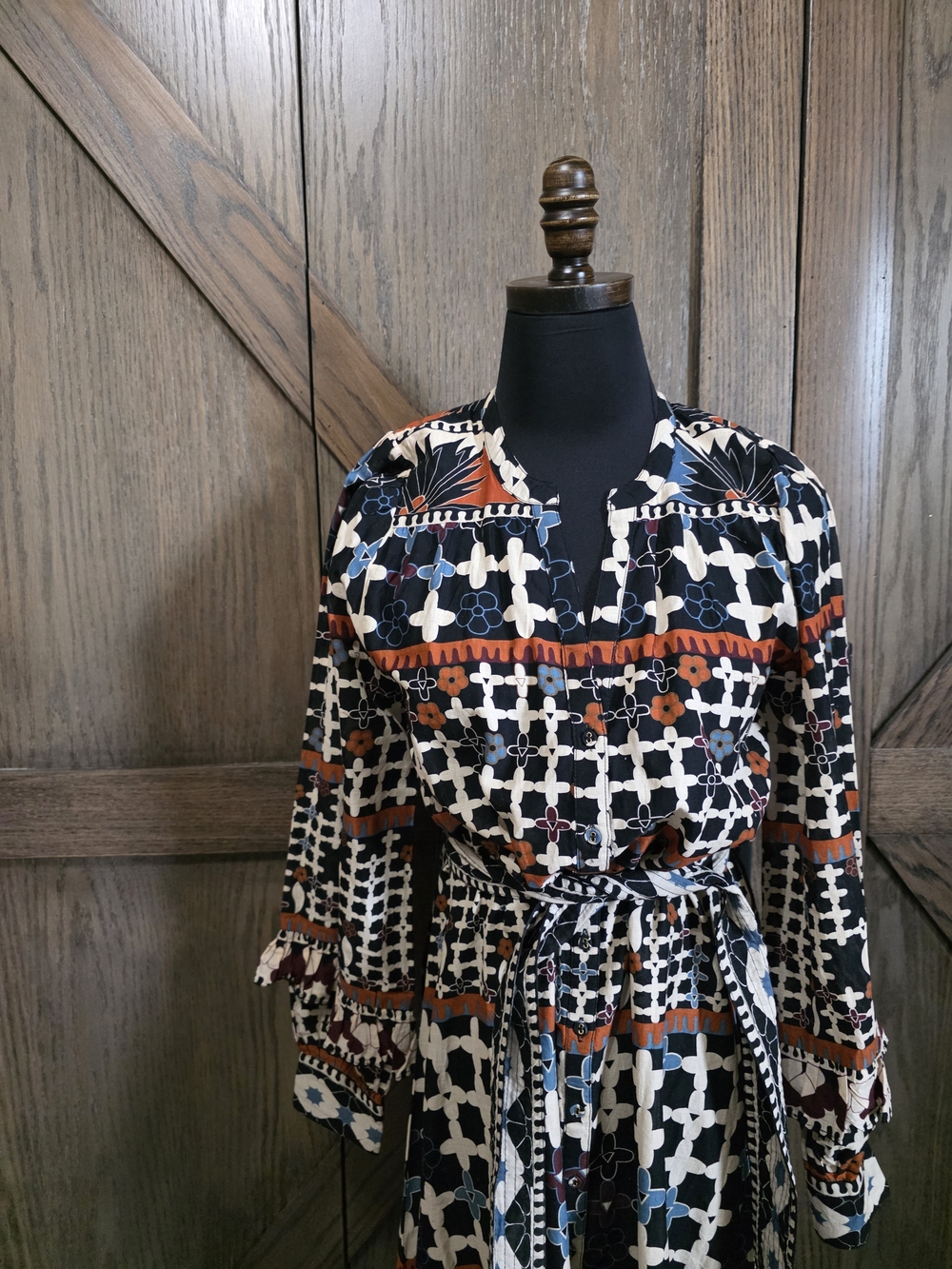 Cleobella Black Cream and Orange Geometric Tie-Waist Maxi Dress - Picture 2 of 5